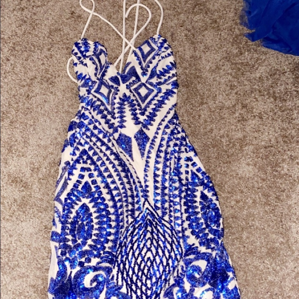 SMALL Fashion Nova Sequin Dress Nude & Blue